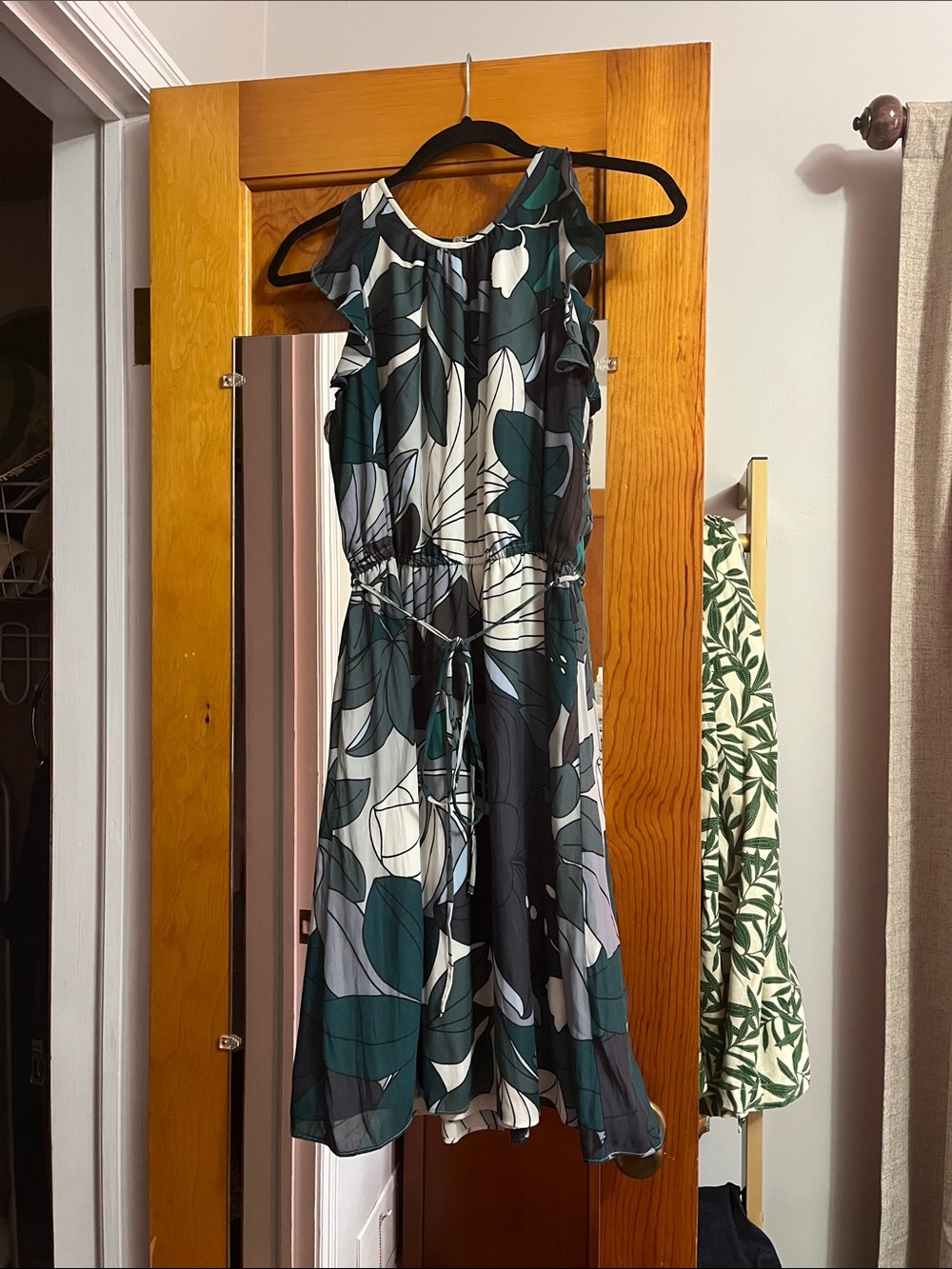 LOFT Teal, Blue and White Floral Tie-Waist Midi Dress